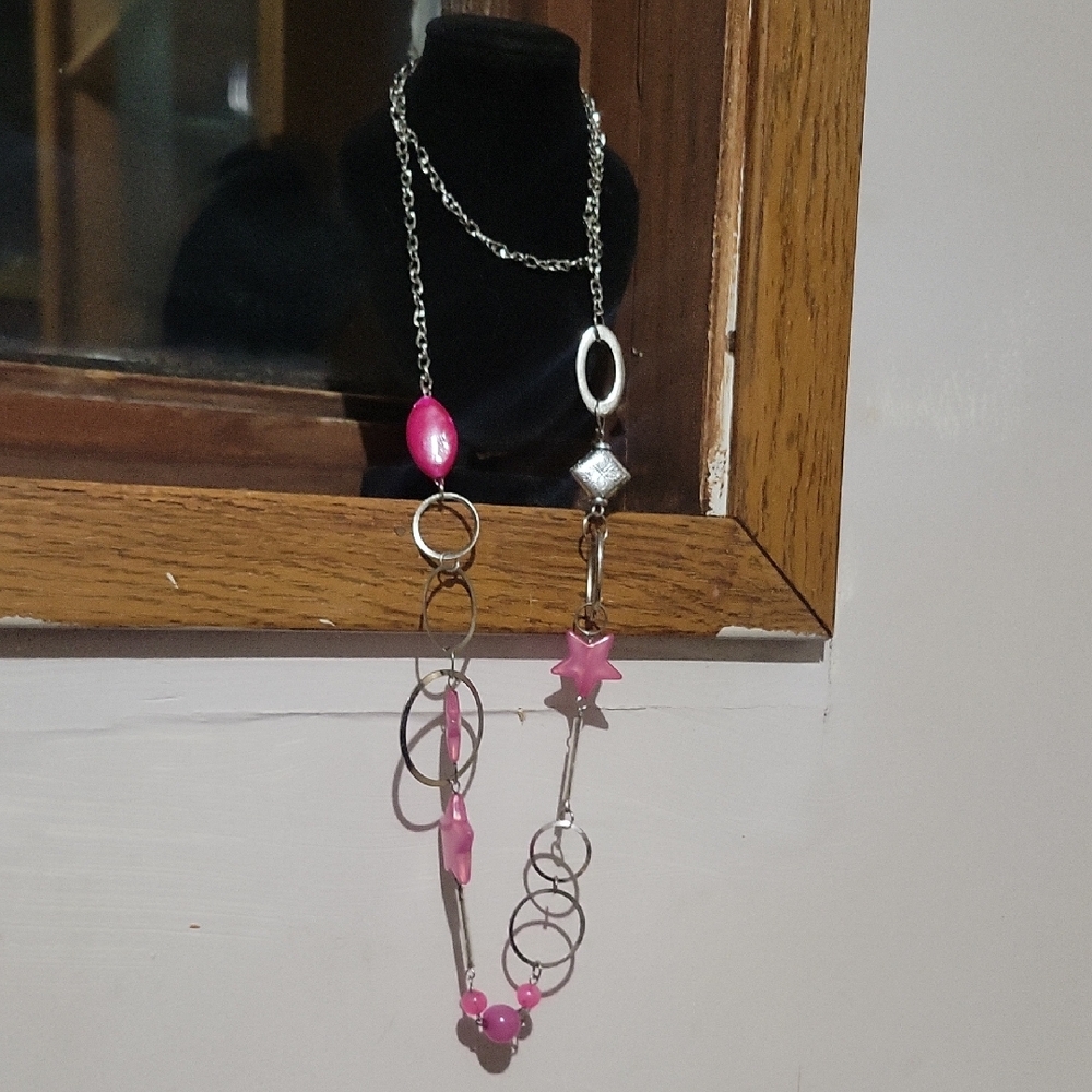 36" Silver Tone and Pink Star Necklace